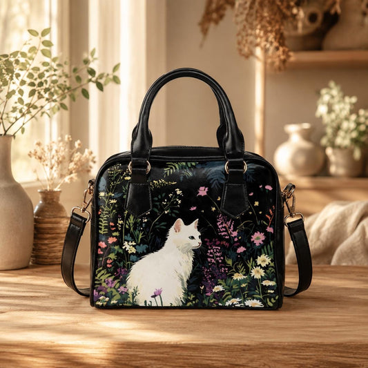 White Cat Satchel Bag, Floral Cottagecore Purse, Garden Handbag Gift for Cat Lover