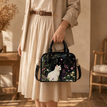 White Cat Satchel Bag, Floral Cottagecore Purse, Garden Handbag Gift for Cat Lover