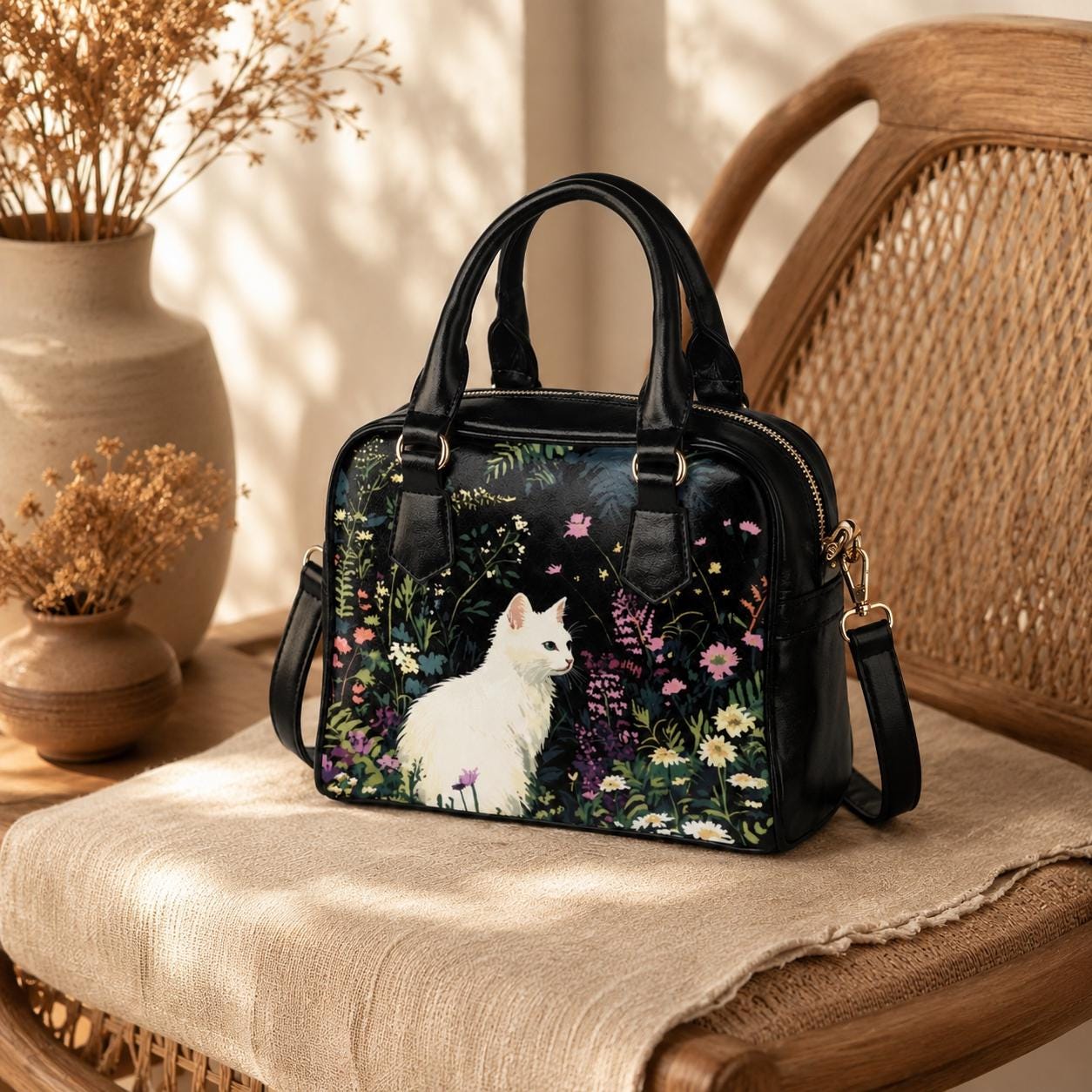 White Cat Satchel Bag, Floral Cottagecore Purse, Garden Handbag Gift for Cat Lover
