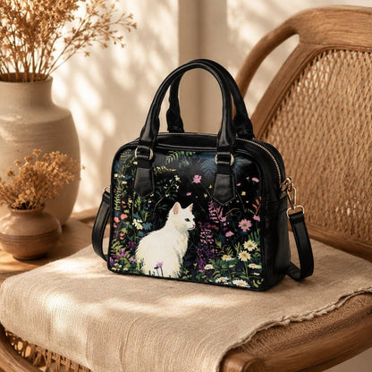 White Cat Satchel Bag, Floral Cottagecore Purse, Garden Handbag Gift for Cat Lover