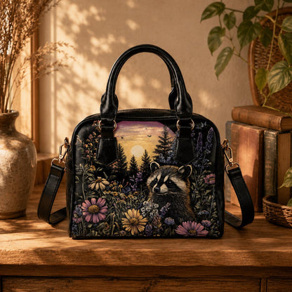 Raccoon Wildflower Handbag, Woodland Night Bowler Purse, Forest Animal Satchel