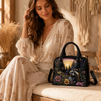 Raccoon Wildflower Handbag, Woodland Night Bowler Purse, Forest Animal Satchel