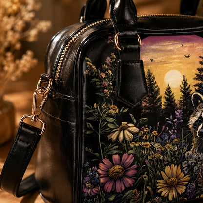 Raccoon Wildflower Handbag, Woodland Night Bowler Purse, Forest Animal Satchel