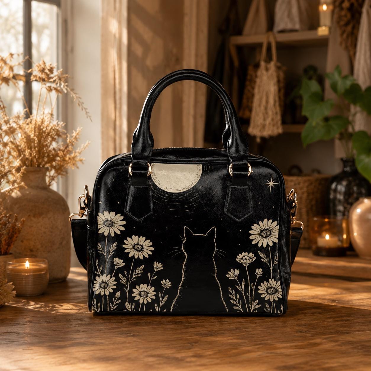 Black Cat Moon Handbag, Celestial Daisy Night Garden Satchel