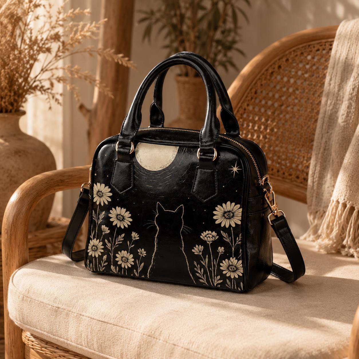 Black Cat Moon Handbag, Celestial Daisy Night Garden Satchel