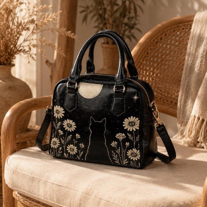 Black Cat Moon Handbag, Celestial Daisy Night Garden Satchel