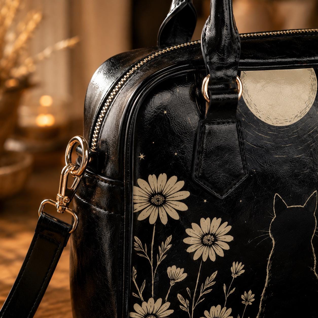 Black Cat Moon Handbag, Celestial Daisy Night Garden Satchel