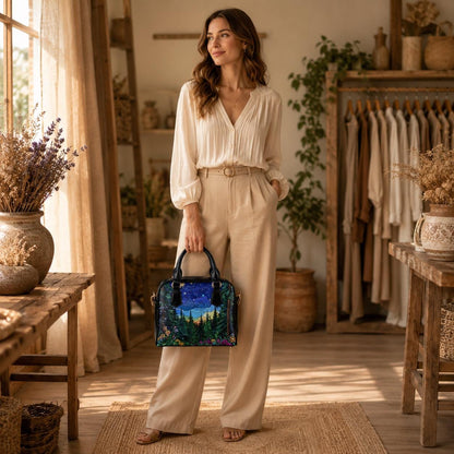 Starry forest satchel purse, mountain night handbag, outdoor crossbody