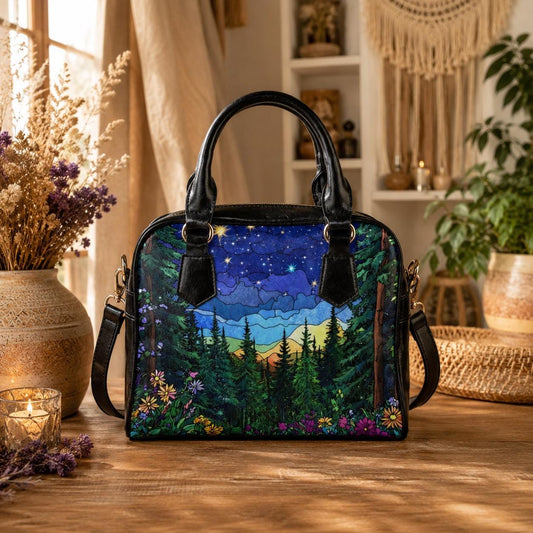 Starry forest satchel purse, mountain night handbag, outdoor crossbody