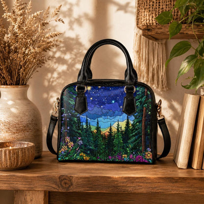 Starry forest satchel purse, mountain night handbag, outdoor crossbody