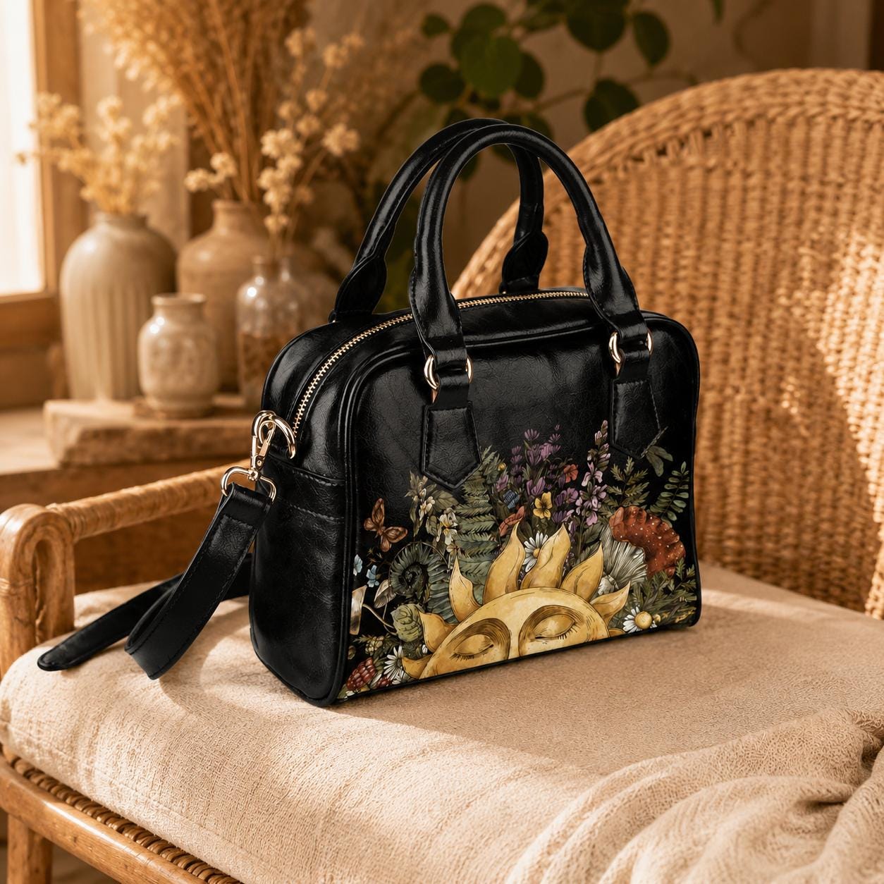 Satchel Purse, Woodland Sun Floral Handbag, Cottagecore Top Handle Bag