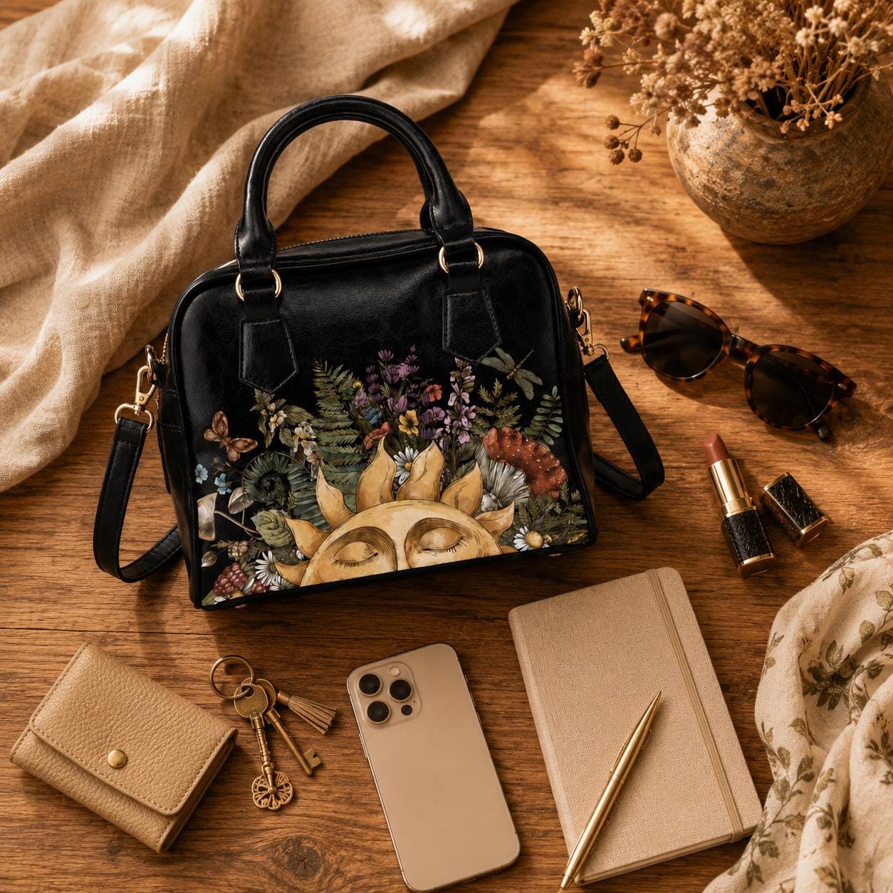 Satchel Purse, Woodland Sun Floral Handbag, Cottagecore Top Handle Bag