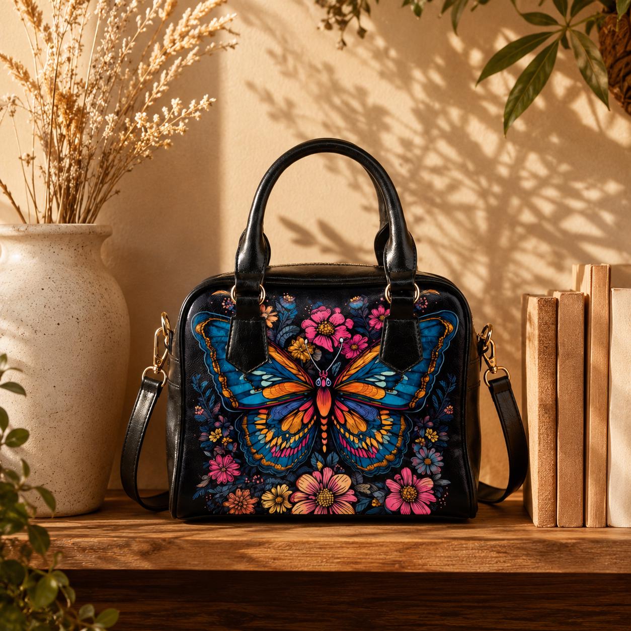 Butterfly Handbag, Colorful Floral Purse, Art Nouveau Statement Satchel