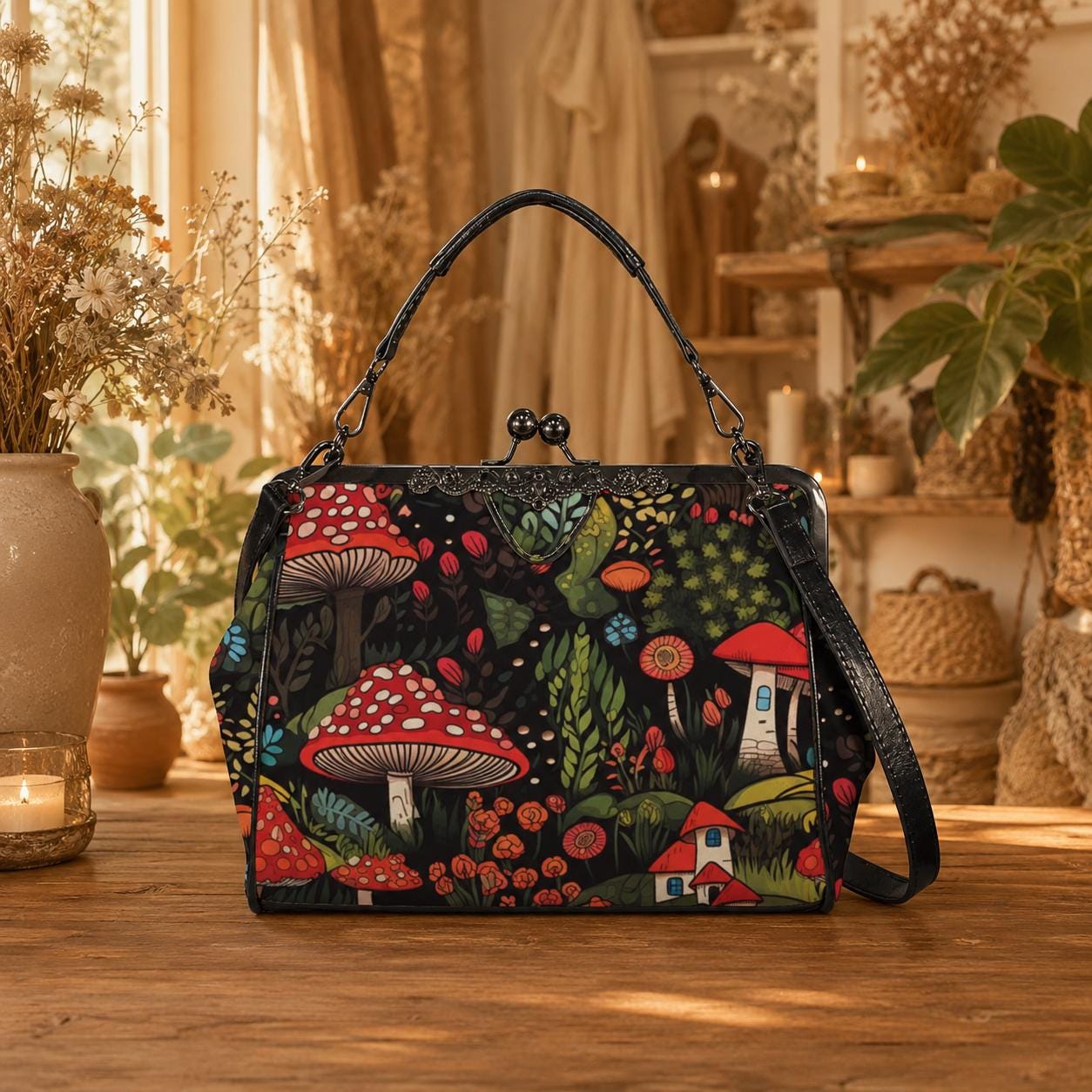 Enchanted mushroom print handbag, fairy forest clasp purse, woodland cottage shoulder bag