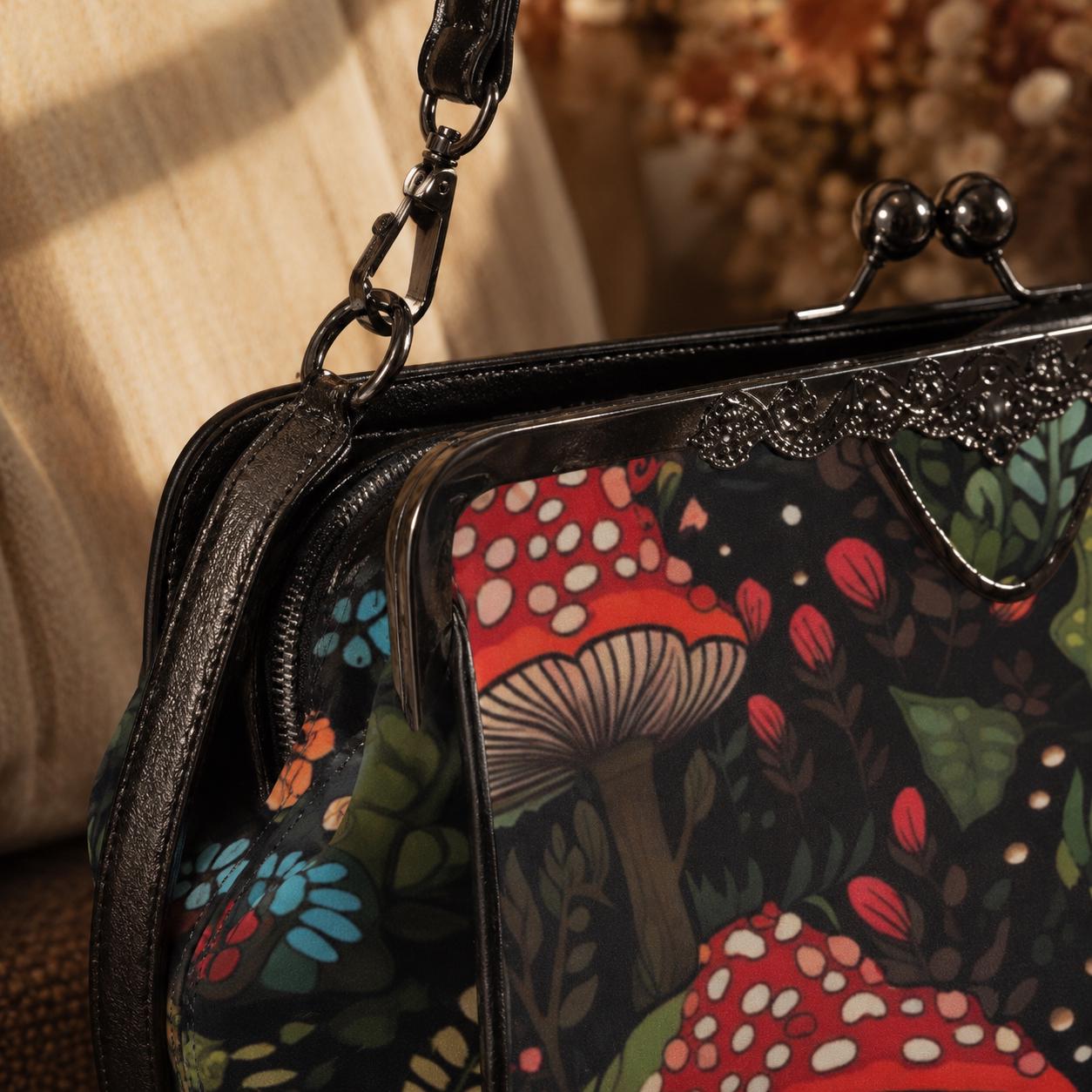 Enchanted mushroom print handbag, fairy forest clasp purse, woodland cottage shoulder bag