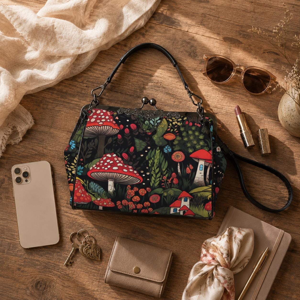 Enchanted mushroom print handbag, fairy forest clasp purse, woodland cottage shoulder bag