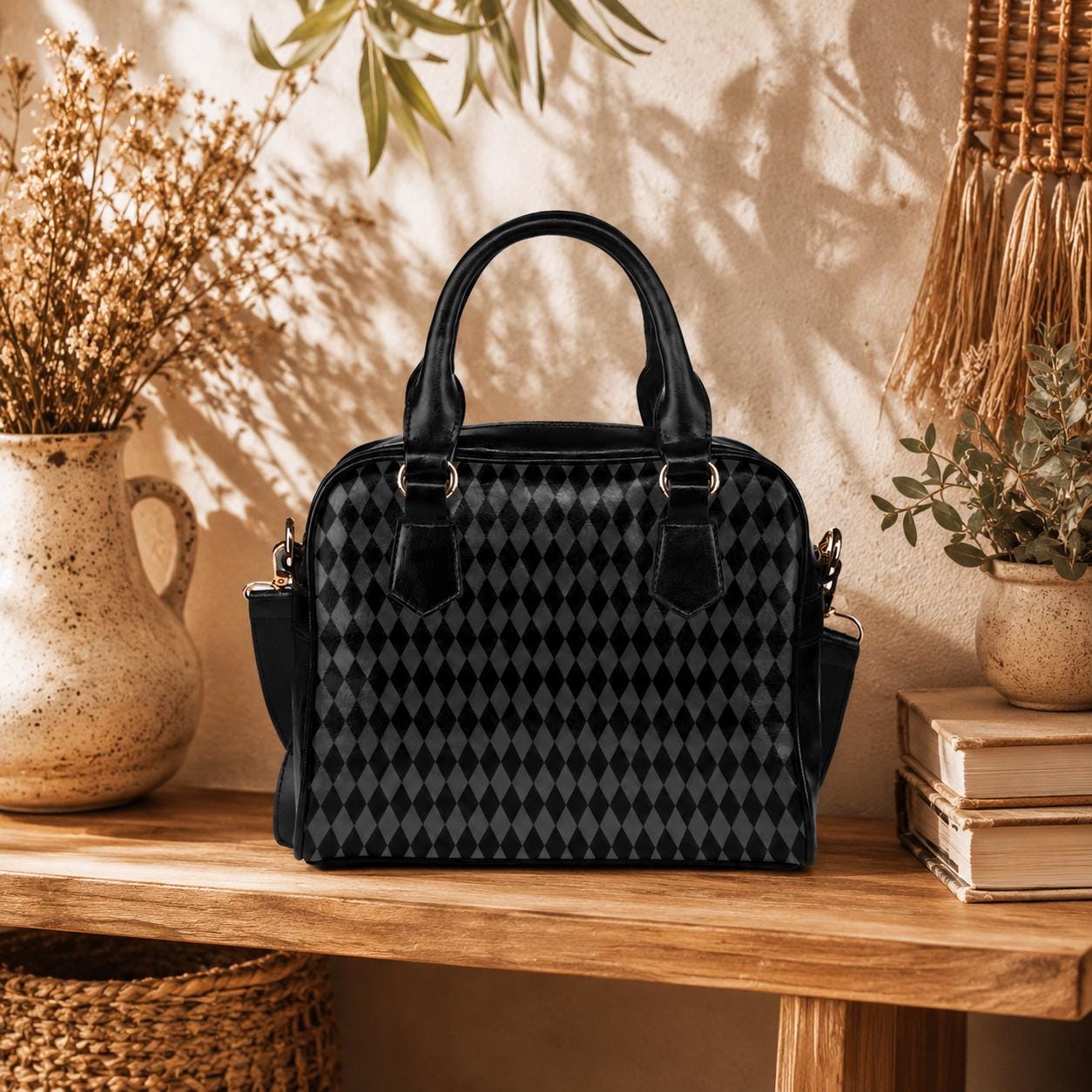 Black Harlequin Handbag, Gothic Satchel Purse, Dark Academia Shoulder Bag