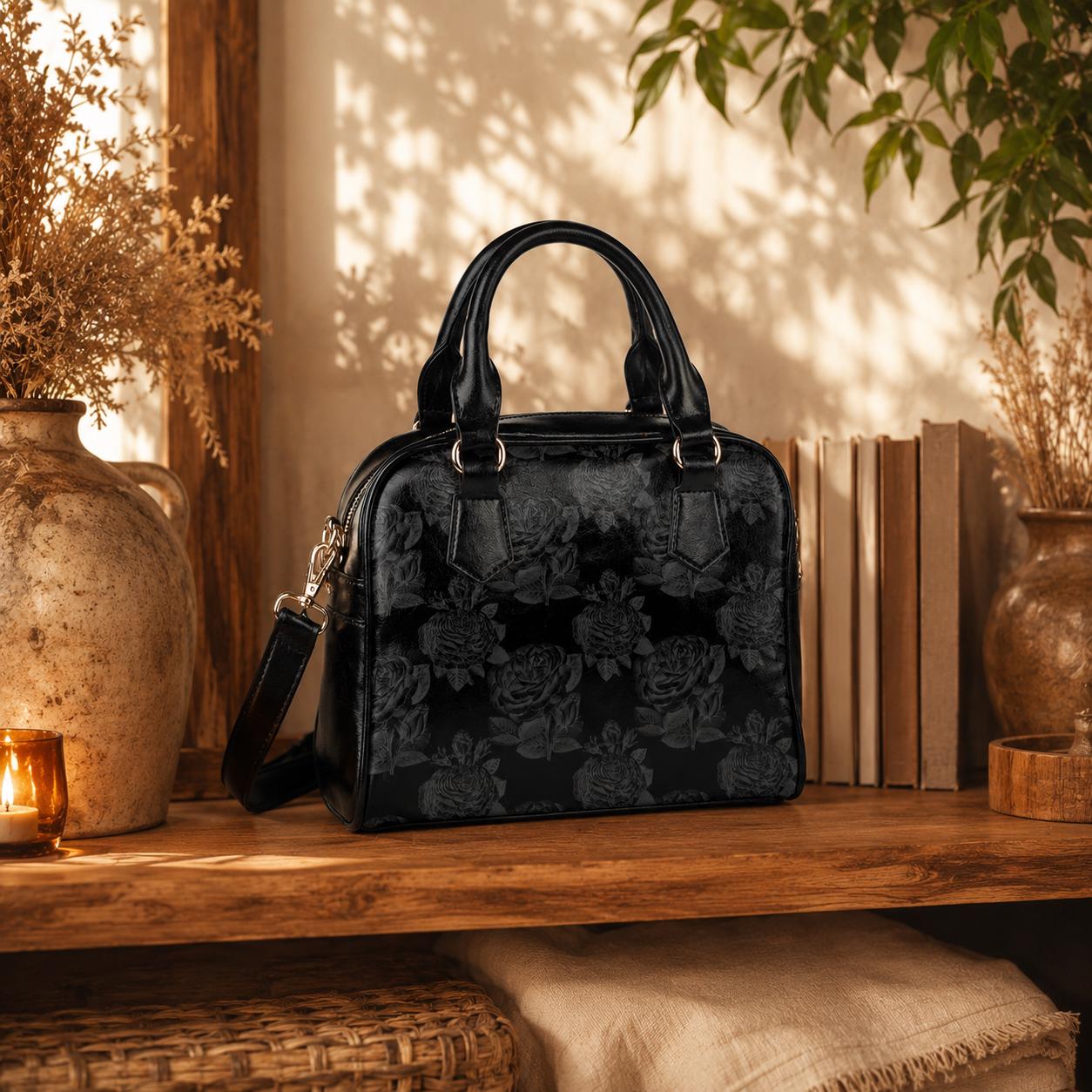 Black Rose Satchel, Dark Floral Purse, Gothic Romantic Handbag