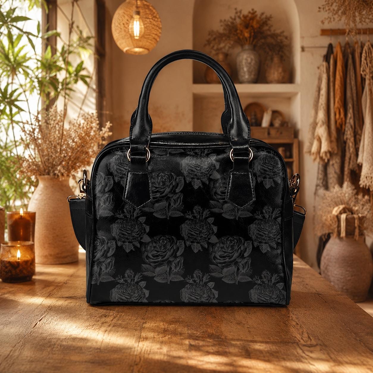 Black Rose Satchel, Dark Floral Purse, Gothic Romantic Handbag