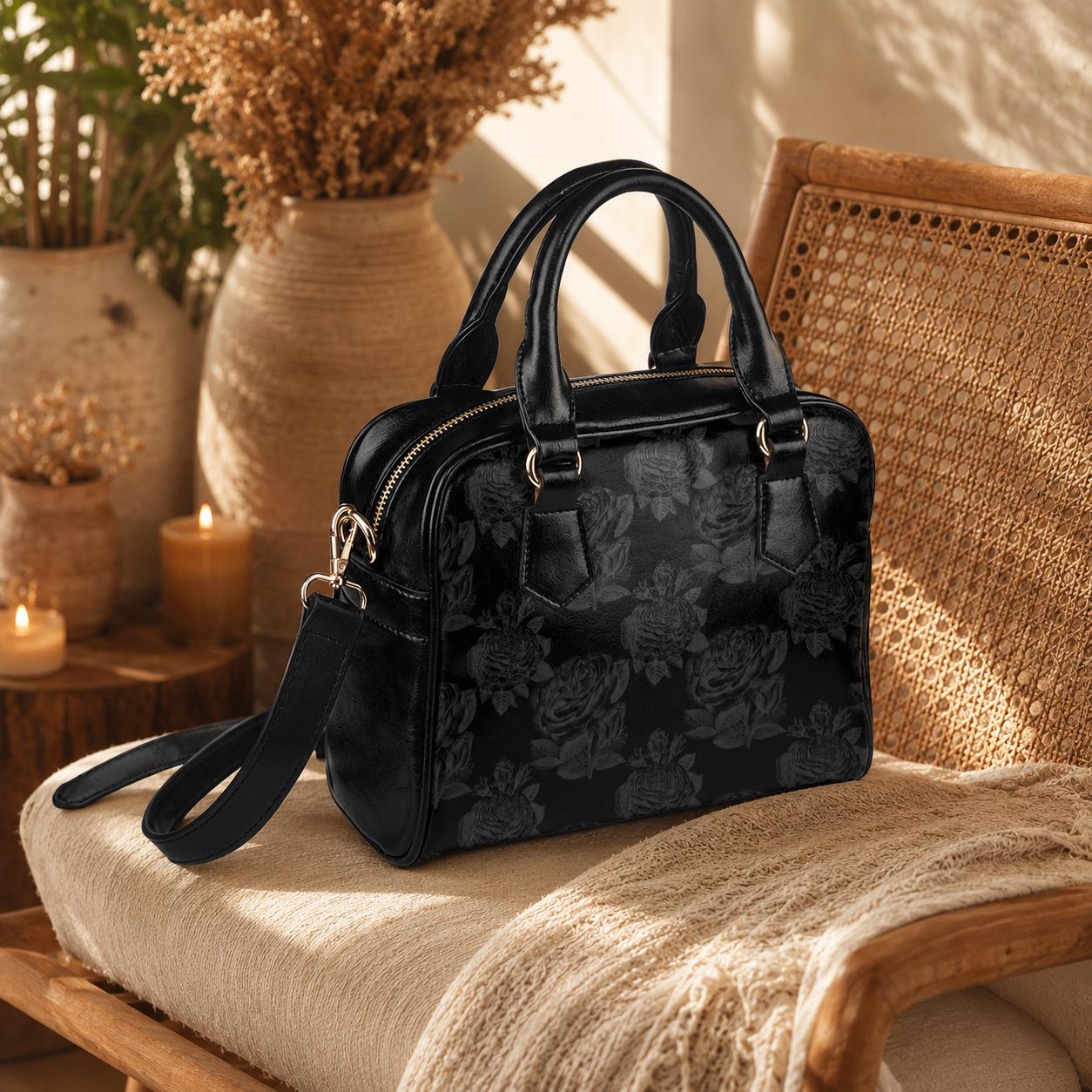 Black Rose Satchel, Dark Floral Purse, Gothic Romantic Handbag