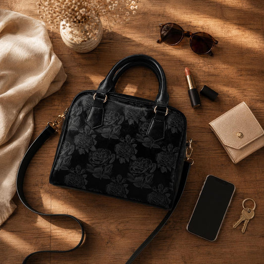 Black Rose Satchel, Dark Floral Purse, Gothic Romantic Handbag
