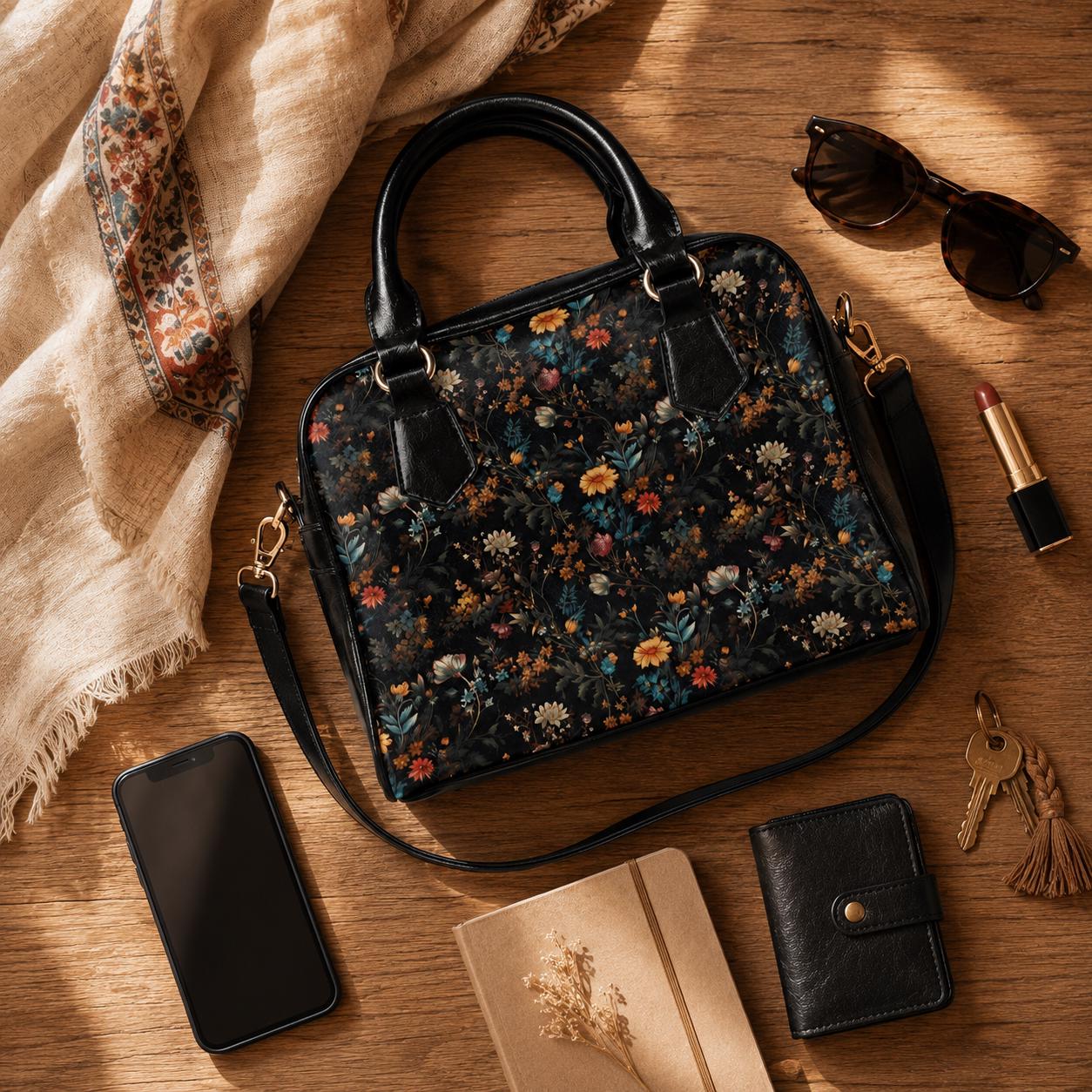 Dark Floral Satchel, Witchy Botanical Handbag, Cottagecore Purse