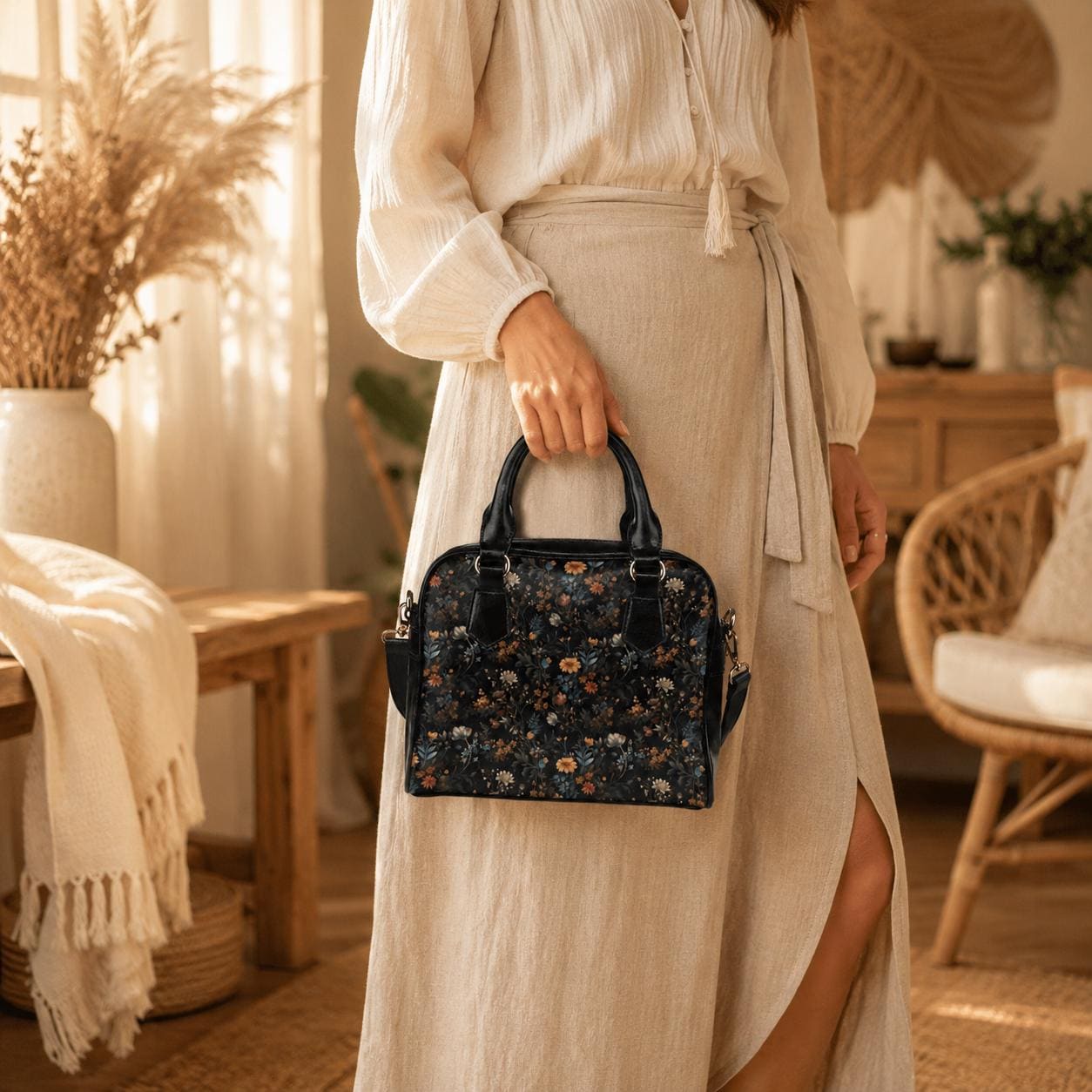 Dark Floral Satchel, Witchy Botanical Handbag, Cottagecore Purse