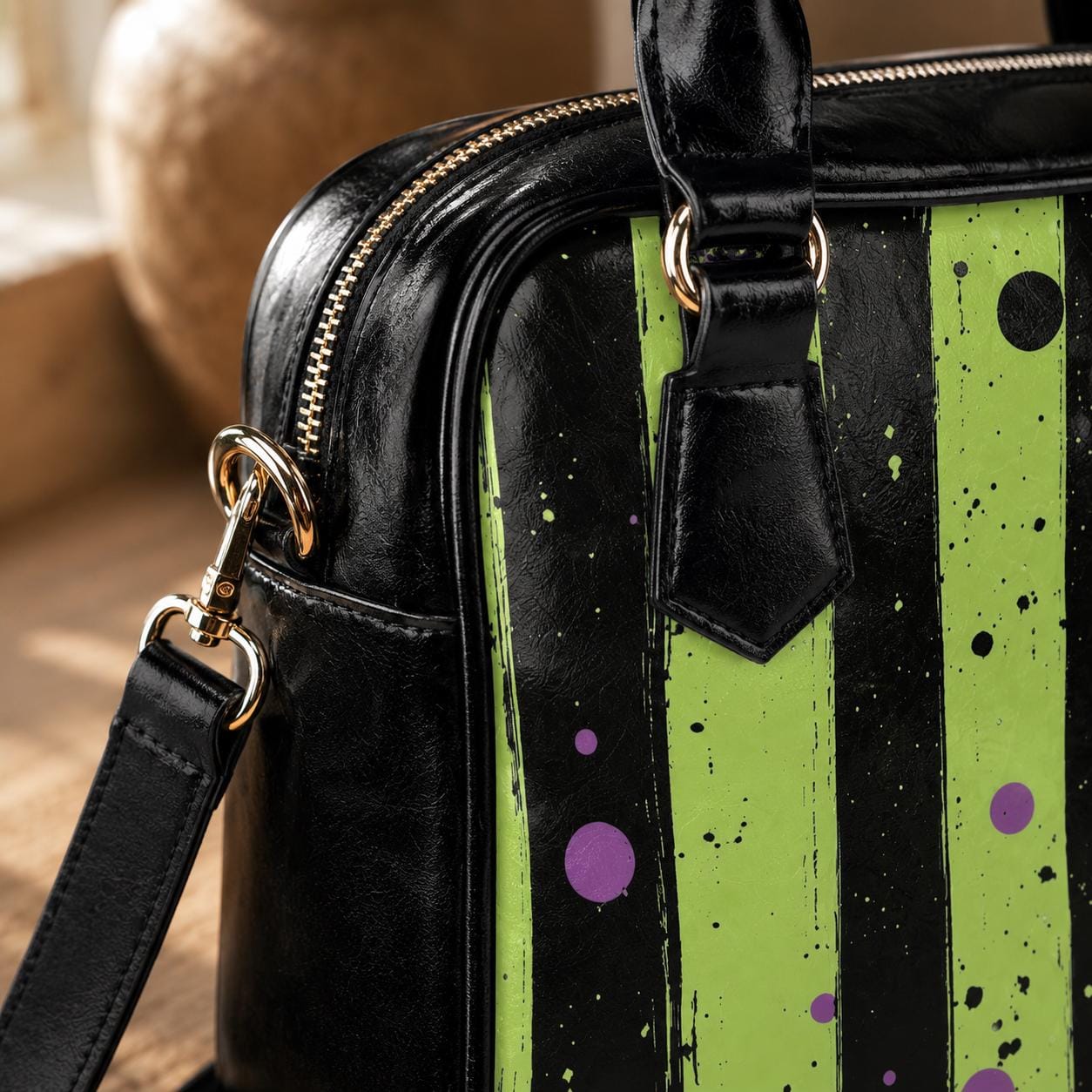 Halloween Stripe Purse, Gothic Top Handle Bag, Lime Purple Crossbody Handbag