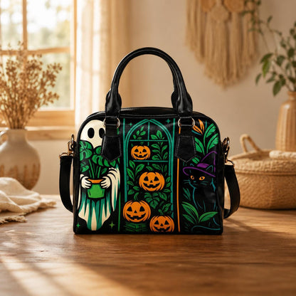 Halloween Satchel Purse, Ghost Plant Bag, Pumpkin Cat Witch Handbag