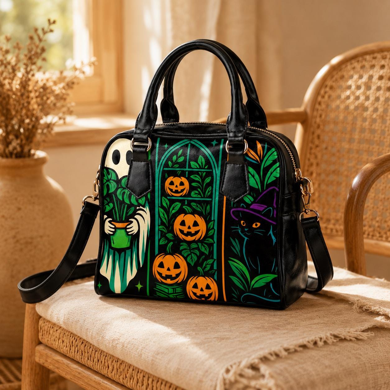 Halloween Satchel Purse, Ghost Plant Bag, Pumpkin Cat Witch Handbag