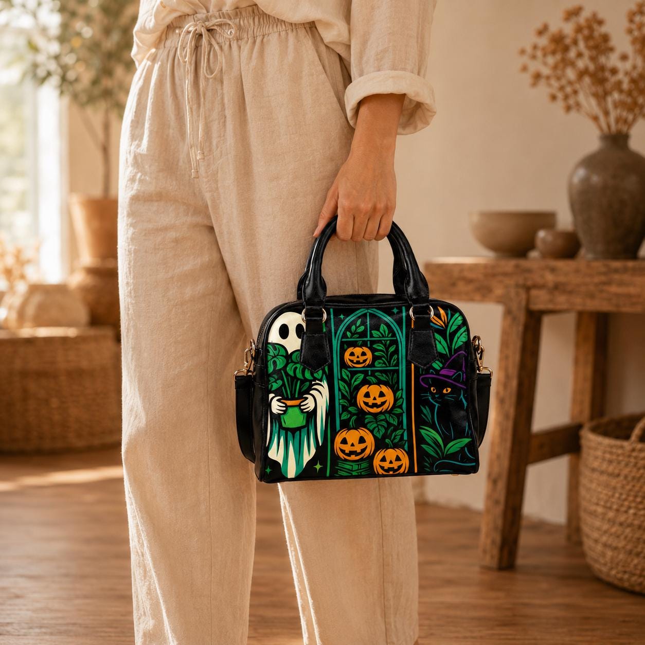 Halloween Satchel Purse, Ghost Plant Bag, Pumpkin Cat Witch Handbag