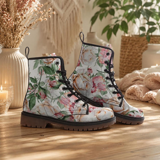 Vintage Floral Combat Boots, Cottagecore Lace Up Booties, Soft Girl Aesthetic Shoes, Pastel Garden Core Shoes, Romantic Floral Ankle Boots