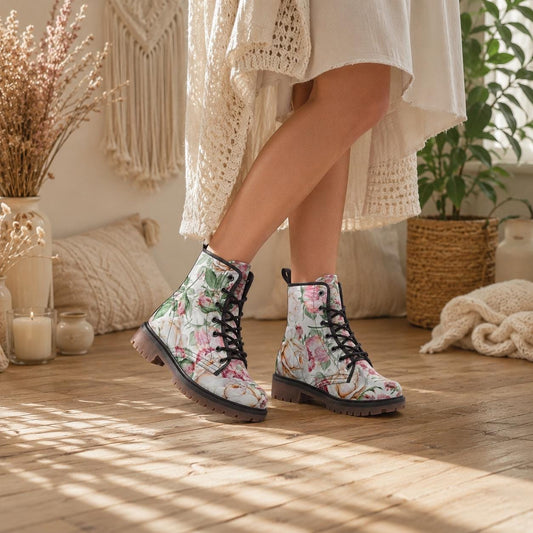 Vintage Floral Combat Boots, Cottagecore Lace Up Booties, Soft Girl Aesthetic Shoes, Pastel Garden Core Shoes, Romantic Floral Ankle Boots