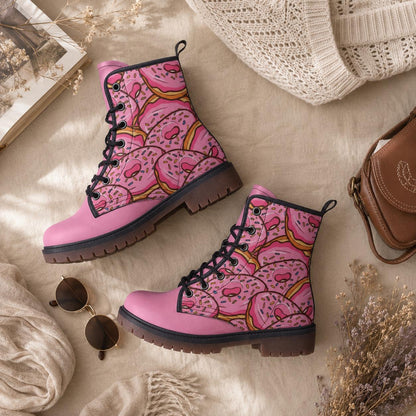 Donut Combat Boots Pink Lace Up Shoes, Sprinkle Print Ankle Boots for Sweet Style