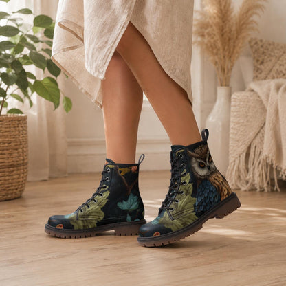 Enchanted owl combat boots, woodland night lace up shoes, mystical bird print footwear