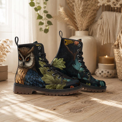 Enchanted owl combat boots, woodland night lace up shoes, mystical bird print footwear