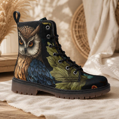 Enchanted owl combat boots, woodland night lace up shoes, mystical bird print footwear