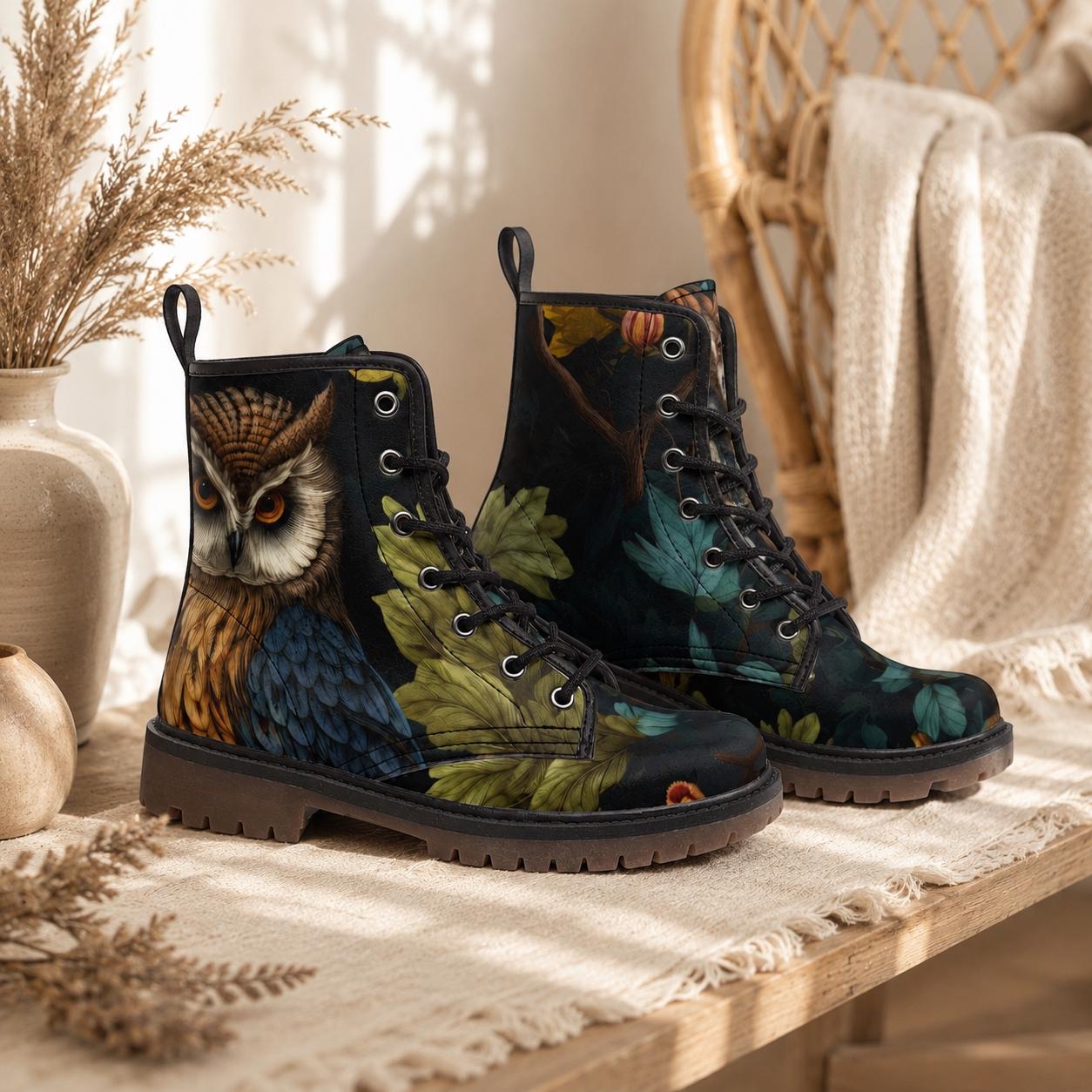 Enchanted owl combat boots, woodland night lace up shoes, mystical bird print footwear, dark forest ankle boots, cottagecore festival shoes