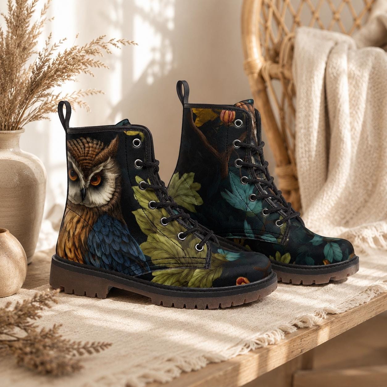 Enchanted owl combat boots, woodland night lace up shoes, mystical bird print footwear