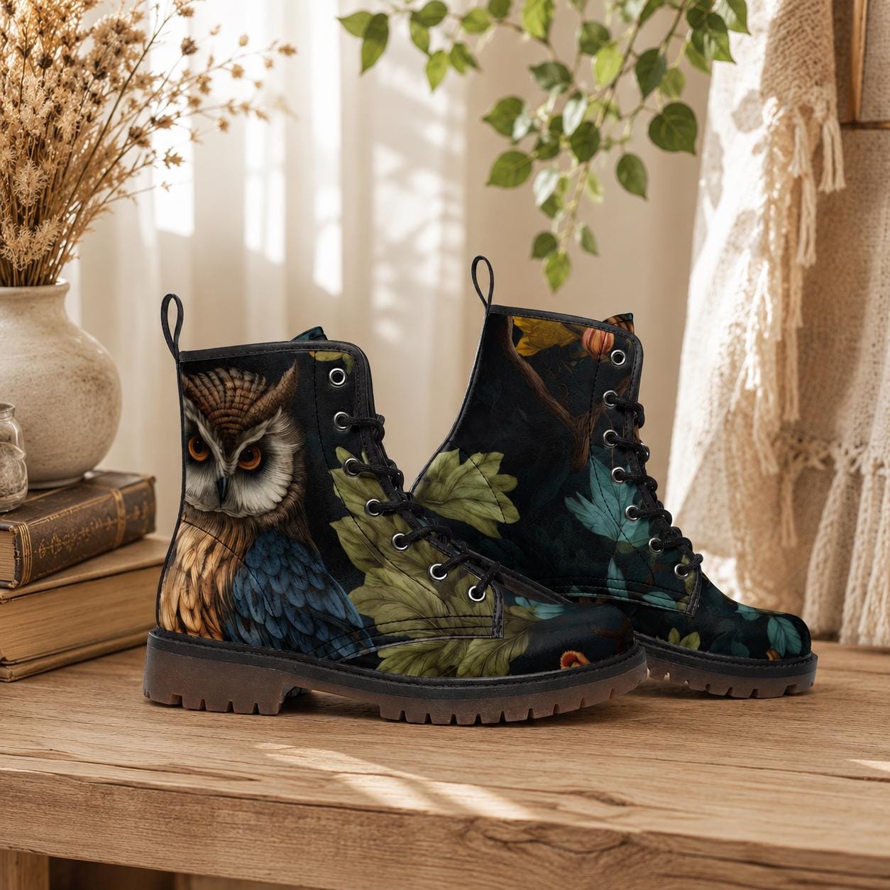 Enchanted owl combat boots, woodland night lace up shoes, mystical bird print footwear