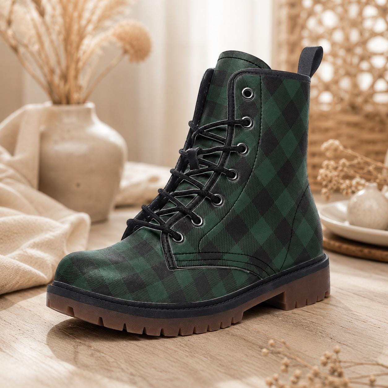Dark Green Plaid Combat Boots, Vegan Leather Gingham Platform Shoes, Fall Gothic Style