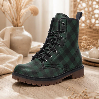 Dark Green Plaid Combat Boots, Vegan Leather Gingham Platform Shoes, Fall Gothic Style