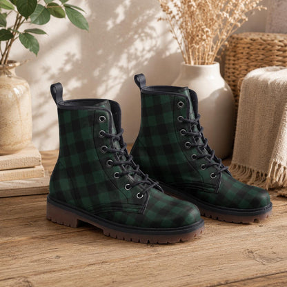 Dark Green Plaid Combat Boots, Vegan Leather Gingham Platform Shoes, Fall Gothic Style