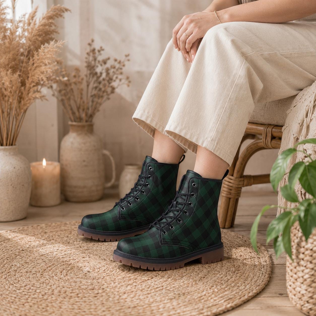 Dark Green Plaid Combat Boots, Vegan Leather Gingham Platform Shoes, Fall Gothic Style