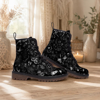 Goth Combat Boots with Occult Print, Witchy Lace Up Ankle Boots, Alternative Festival Shoes