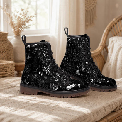 Goth Combat Boots with Occult Print, Witchy Lace Up Ankle Boots, Alternative Festival Shoes