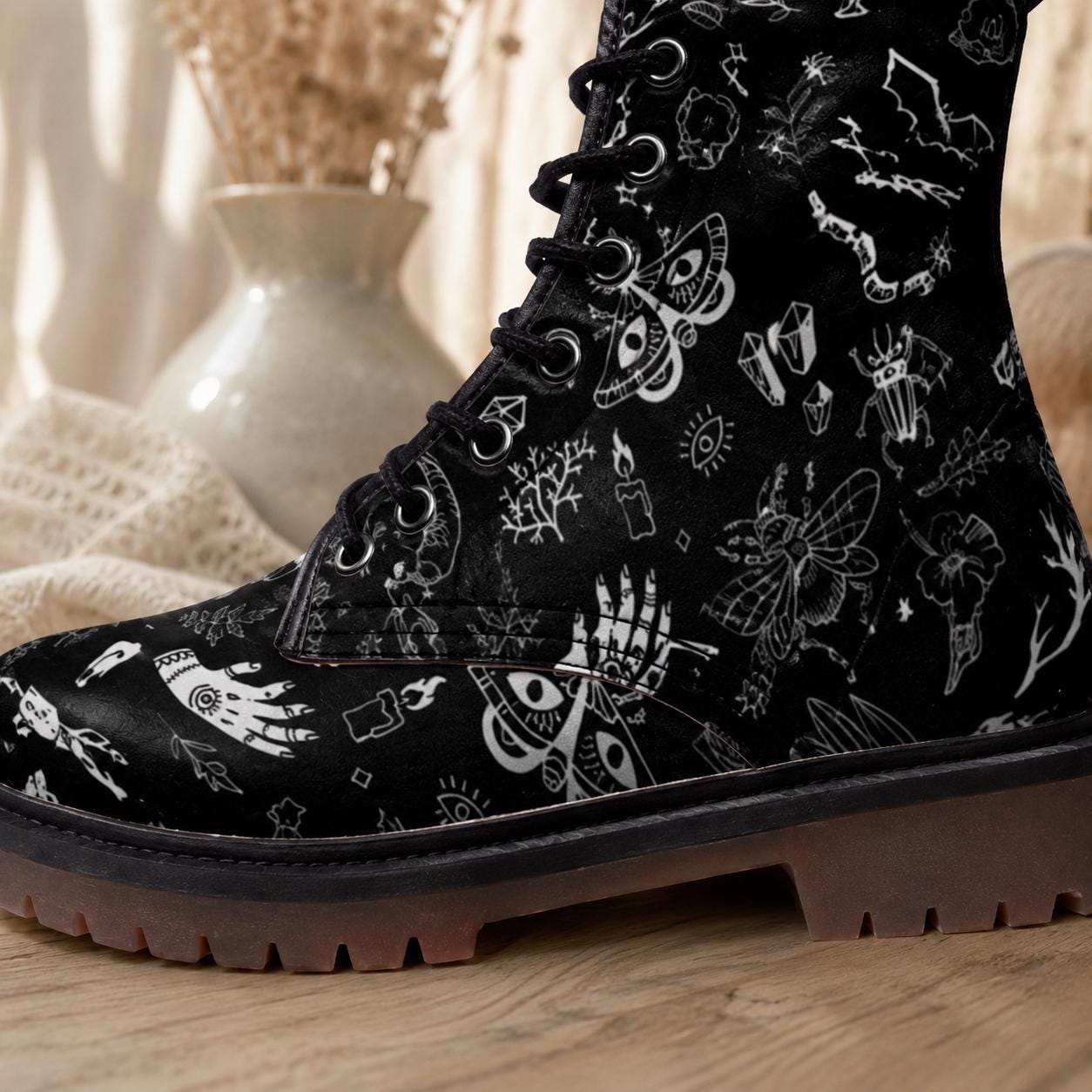 Goth Combat Boots with Occult Print, Witchy Lace Up Ankle Boots, Alternative Festival Shoes