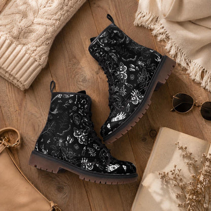 Goth Combat Boots with Occult Print, Witchy Lace Up Ankle Boots, Alternative Festival Shoes