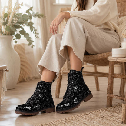 Goth Combat Boots with Occult Print, Witchy Lace Up Ankle Boots, Alternative Festival Shoes