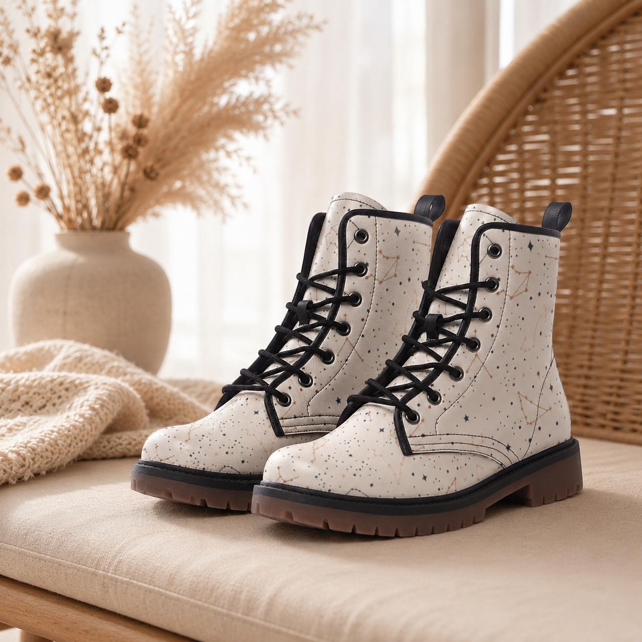 Celestial Combat Boots White Constellation Lace Up Astrology Grunge Footwear